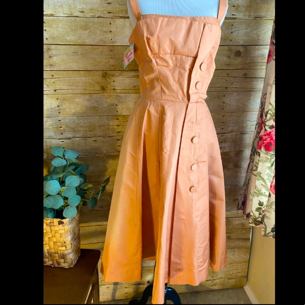 1950s peach satin cocktail dress with lining